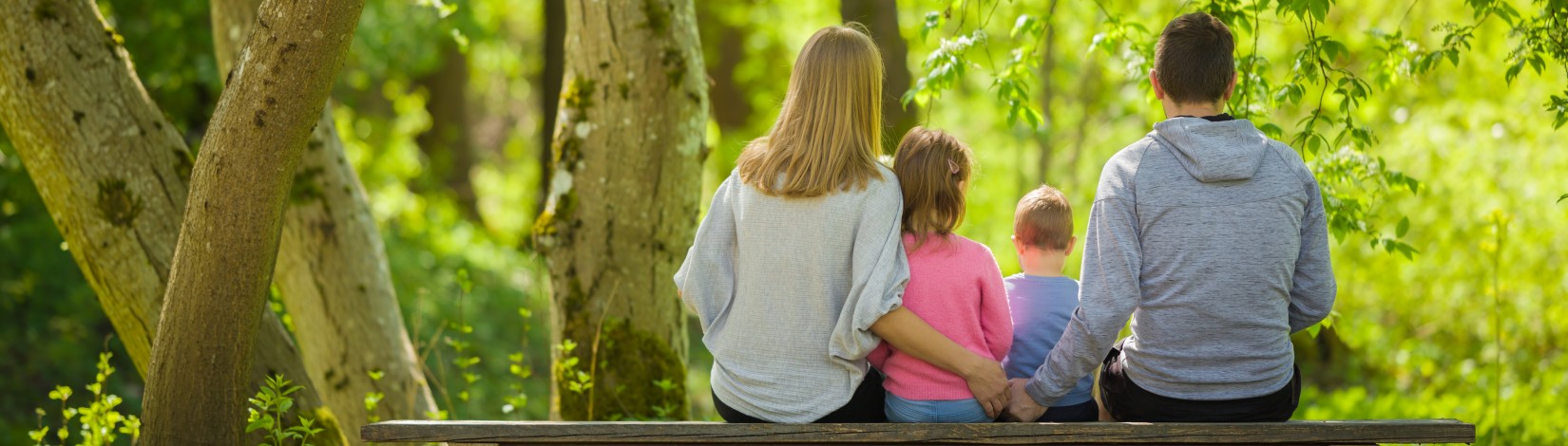 A family sitting on a bench in a park surrounded by trees and lush vegetation.