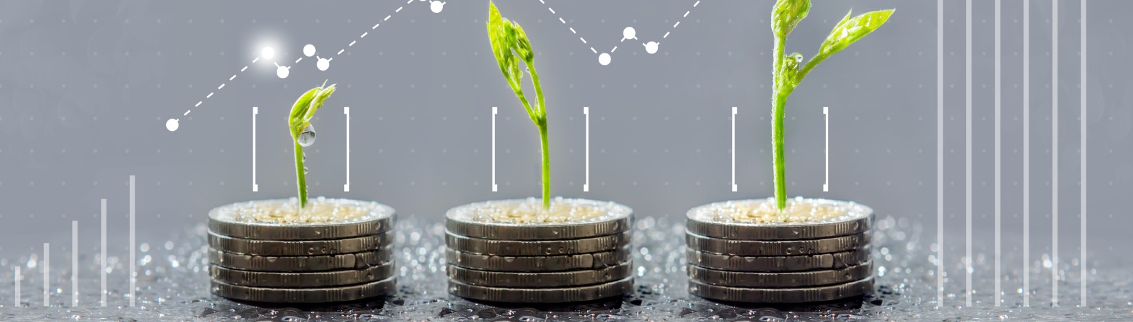 An illustration of three coin piles on a table with plants growing out of the coins.