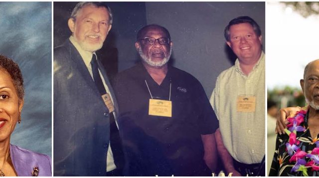 photo collage of Dr. Davis with his wife Pauline Lawrence followed by another photo next of Dr. Davis with members of the Specialty Crop Society and finally a photo of Dr. Davis at the ceremonial groundbreaking of the Pauline Lawrence Residence, honoring his wife.