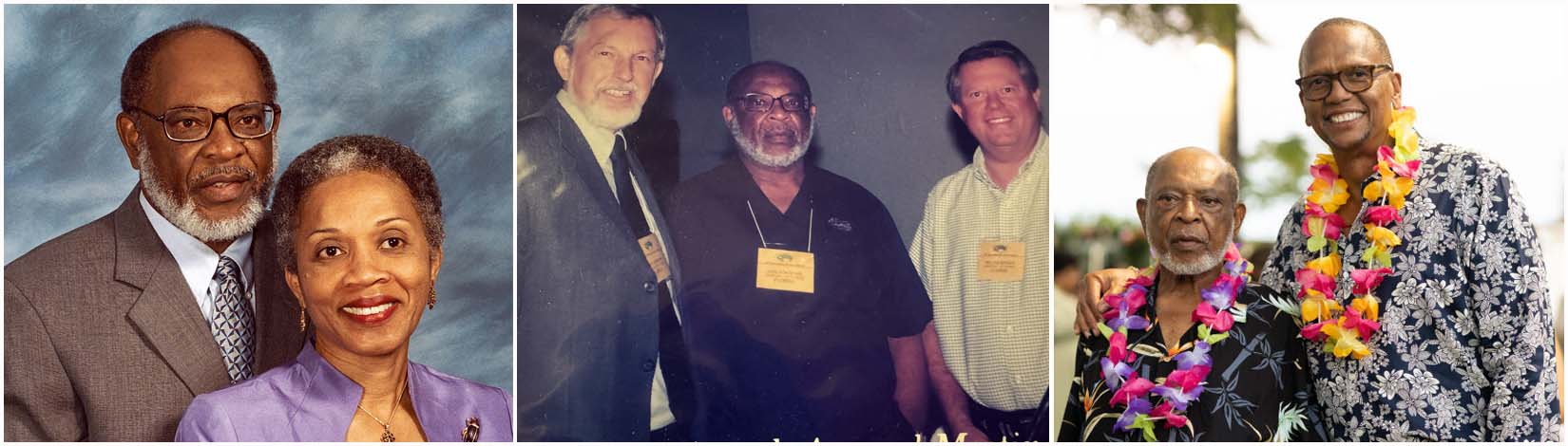 photo collage of Dr. Davis with his wife Pauline Lawrence followed by another photo next of Dr. Davis with members of the Specialty Crop Society and finally a photo of Dr. Davis at the ceremonial groundbreaking of the Pauline Lawrence Residence, honoring his wife.