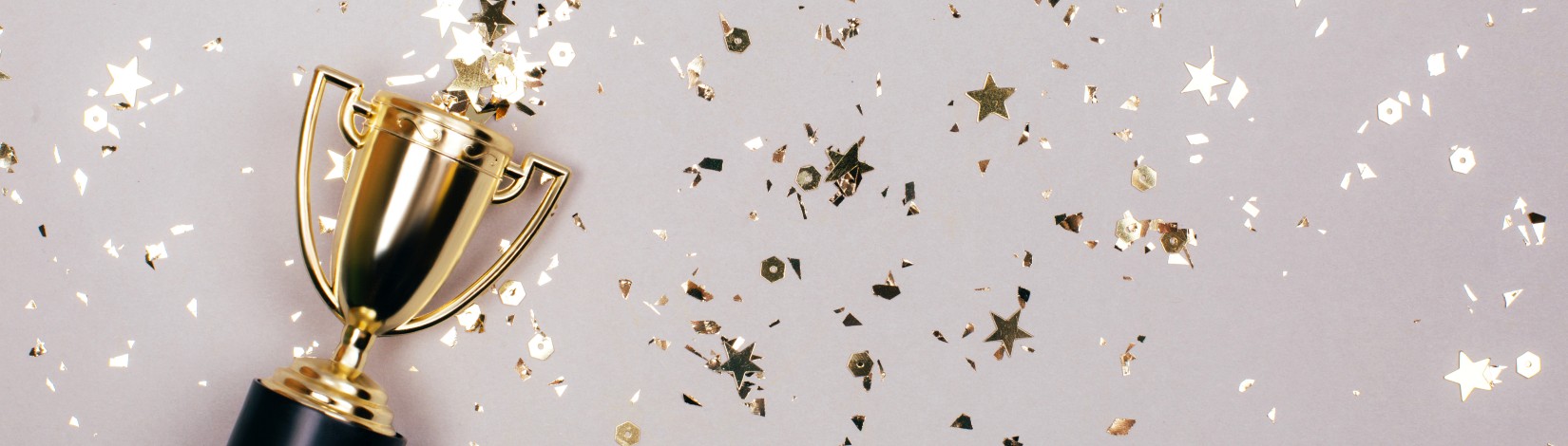 Sparkles grey background with a winners cup. Flat lay style.