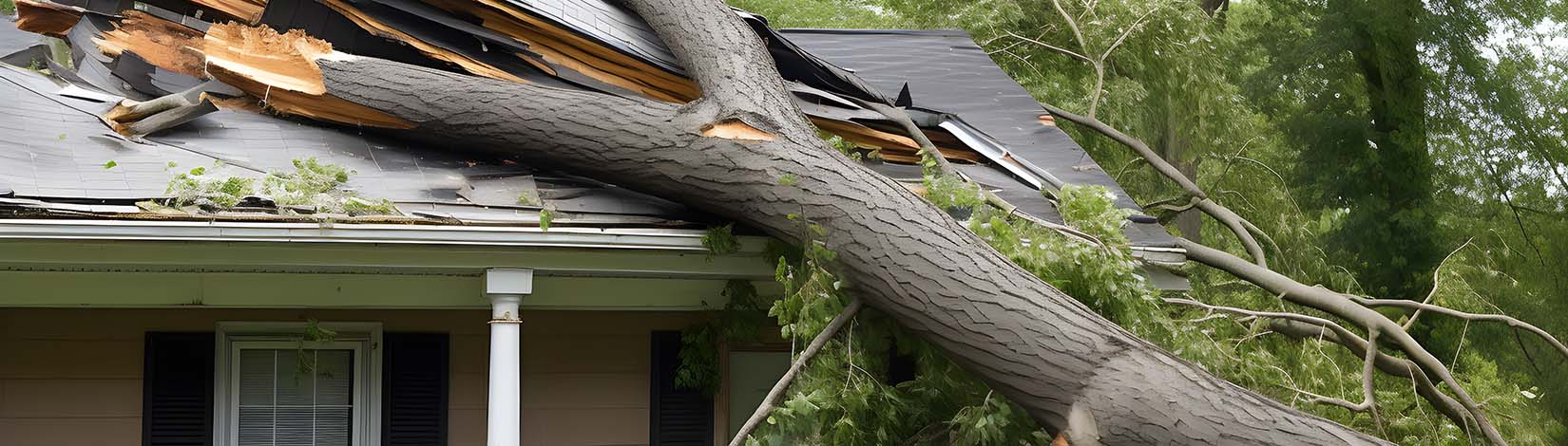 A damaged roof with a large tree branch leaning against it, with a house in the background.