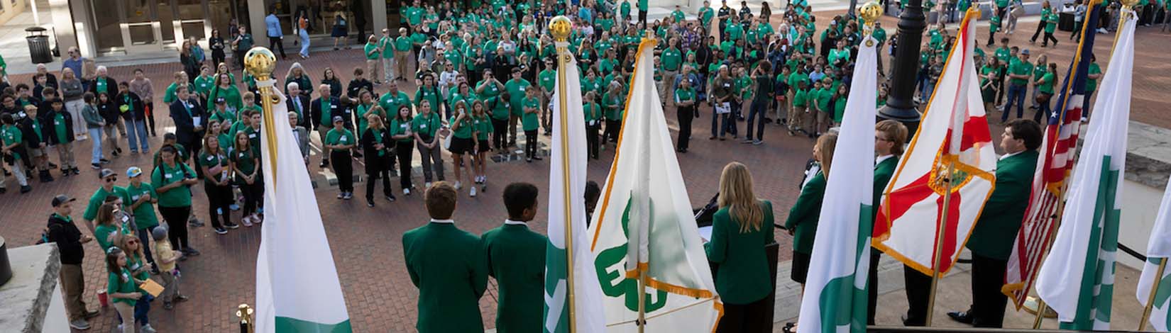 4H Council addressing Florida 4H youth on the steps of the historic Florida Capitol building in Tallahassee on a day dedicated each year to 4-H youth. Photo UF/IFAS Tyler Jones