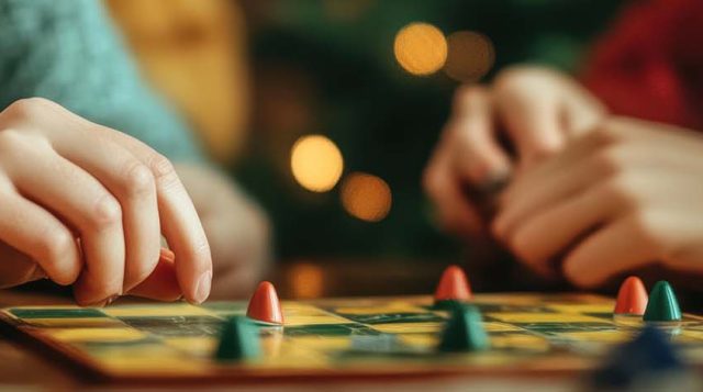Adults Playing Board Game with Christmas Tree in Background