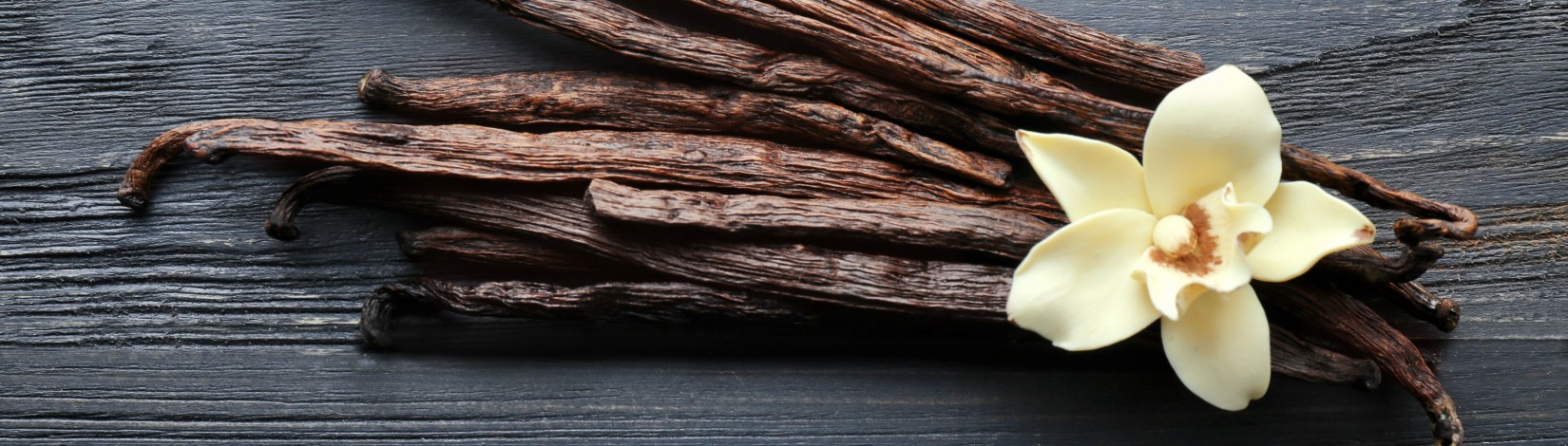 Dried vanilla sticks with a vanilla flower on a dark wooden background.