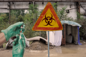 Biohazard sign and hands holding a needle