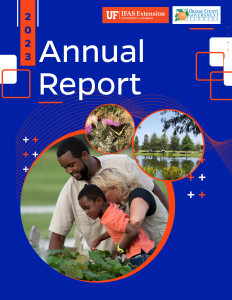 front page of our 2023 Annual Report with a blue background and orange graphics plus 3 photos. one of a man woman and child looking at plants, one of cypress trees around a lake and a black and yellow butterfly on a pink flower.