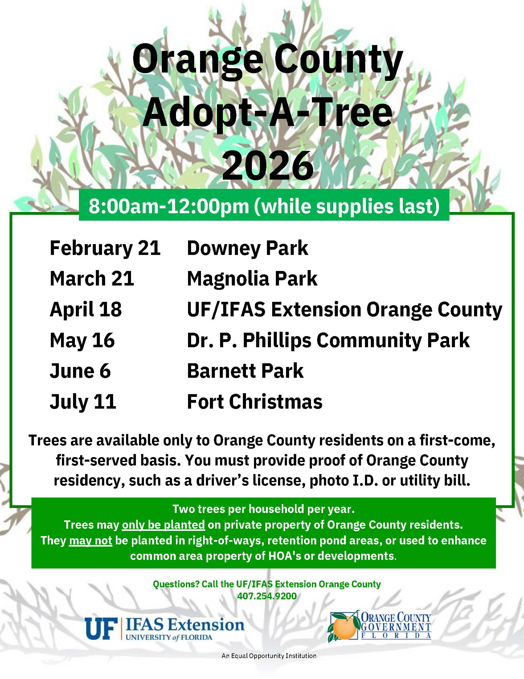 2026 Adopt-A-Tree flyer with a list of event dates and locations for our tree giveaway. Events are held monthly starting in Feb through July at each district in Orange County.