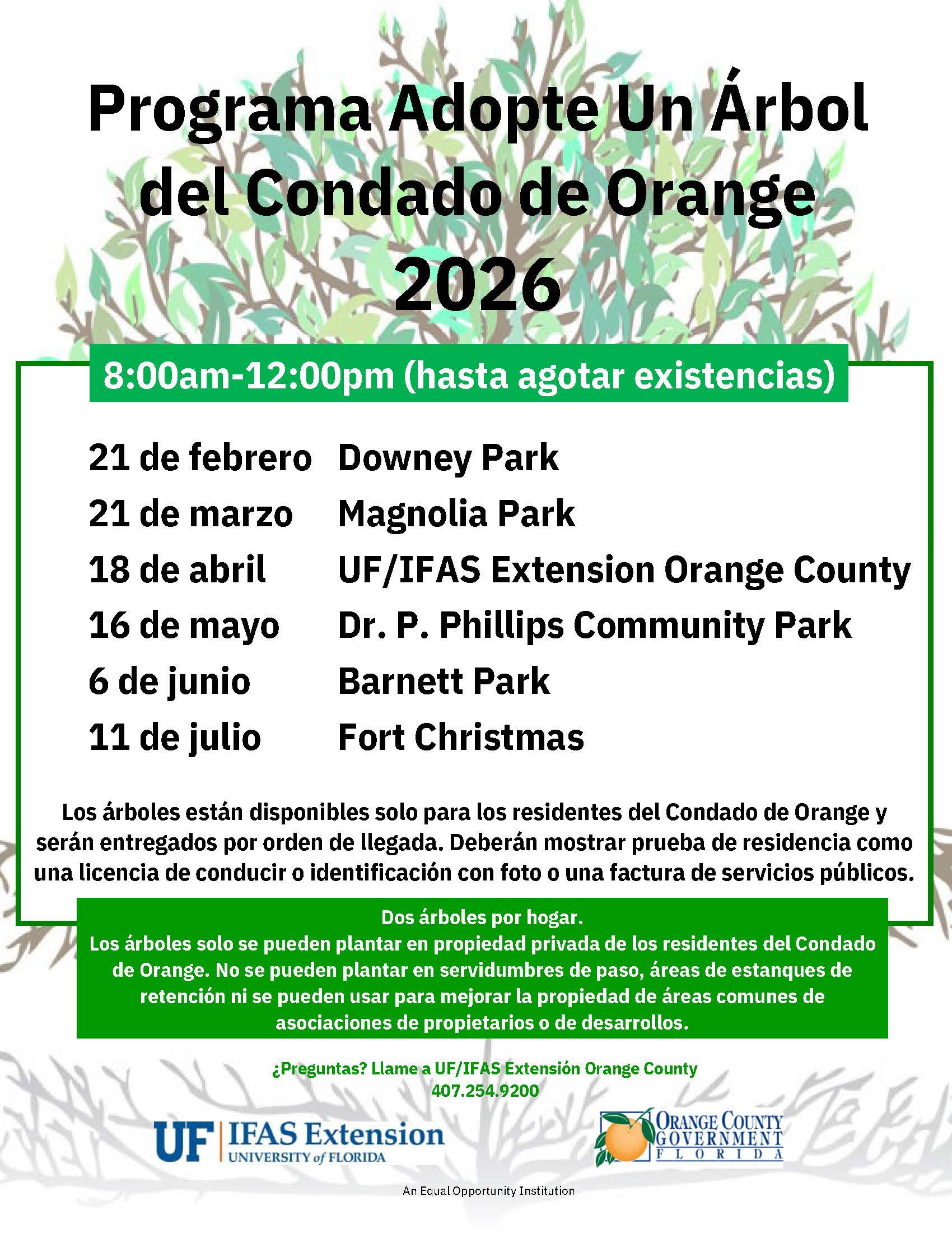 2026 Adopt-A-Tree flyer in Spanish, with a list of event dates and locations for our tree giveaway. Events are held monthly starting in Feb through July at each district in Orange County.
