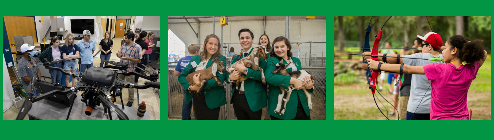 three photos of featuring kids from 4-H clubs. the first one is a group of kids, an adult and a drone. the second is of three youth in green 4-h jackets, each holding a goat. The third image is of a group of kids shooting with bows and arrows.