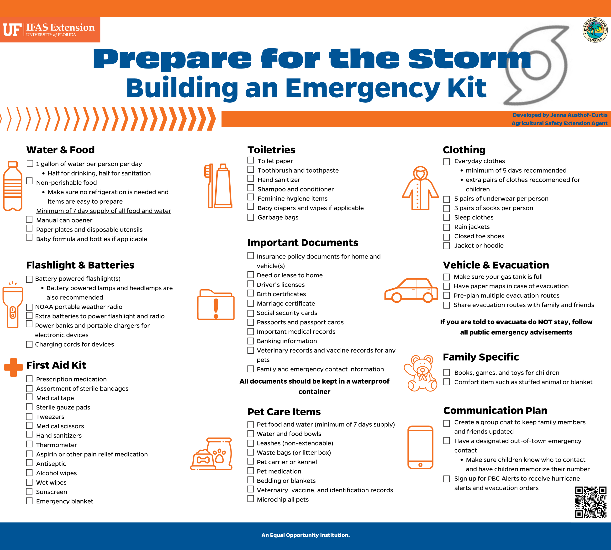 a checklist detailing the essentials needed for creating an emergency kit to prepare for a storm