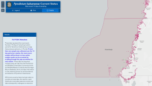 FWC Map of pasco county coastline showing green circles near southern coastal Pasco county where pyrodinium bahamense was detected