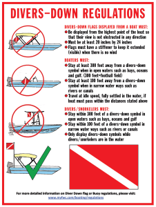 summary image of FWC dive flag rules, explaining rules in mentioned in the blog text and showing incorrect and correct ways to hang the flag. 