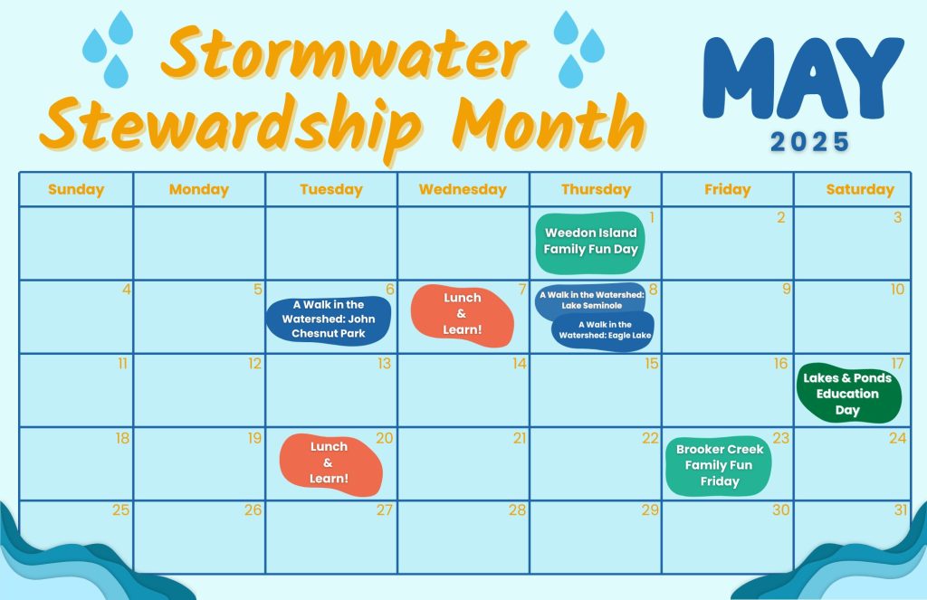May calendar with title of Stormwater Stewardship Month highlighting events on May 1, 6, 7, 8, 17, 20 and 23