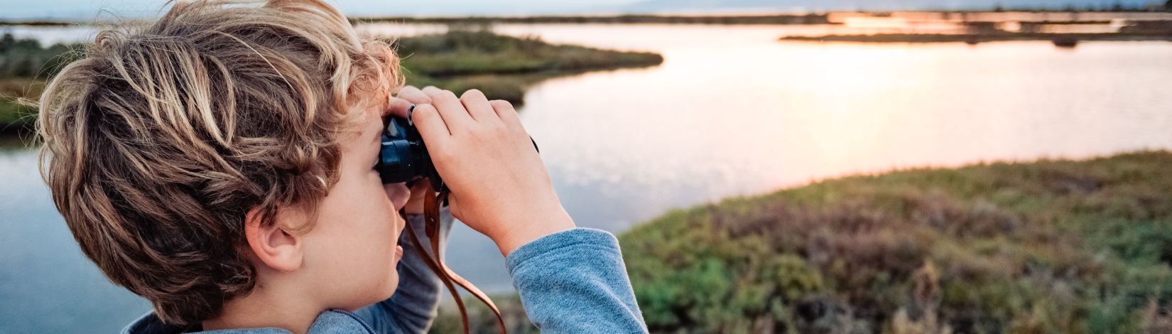 Child looking out over an open landscape with binoculars