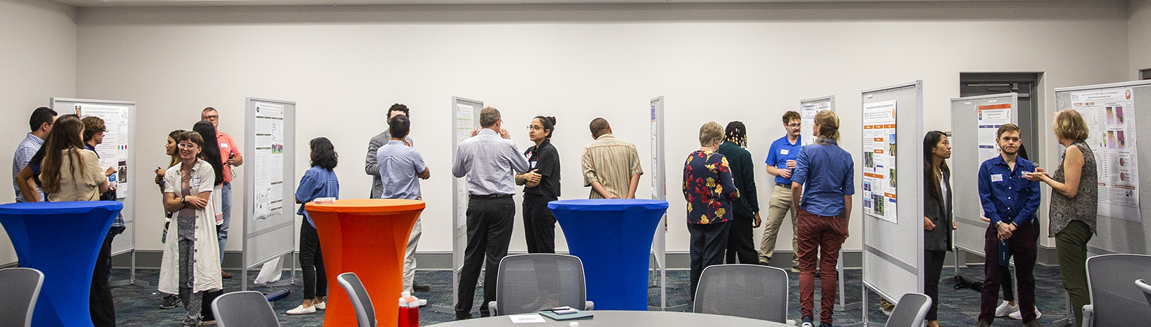 a wide view of a row of poster boards, with people standing between each row