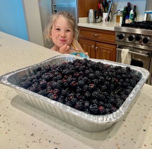 girl enjoying eating blackberries behind a counter with a container full of them