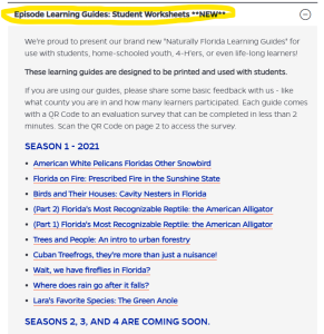 Highlighting the section of the naturally florida podcast website where listeners will find the episode learning worksheets.