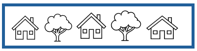 Line images of three houses with a shade tree between each house.