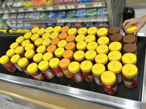 Multiple jars of Peanut Butter on checkout conveyor belt in grocery store.