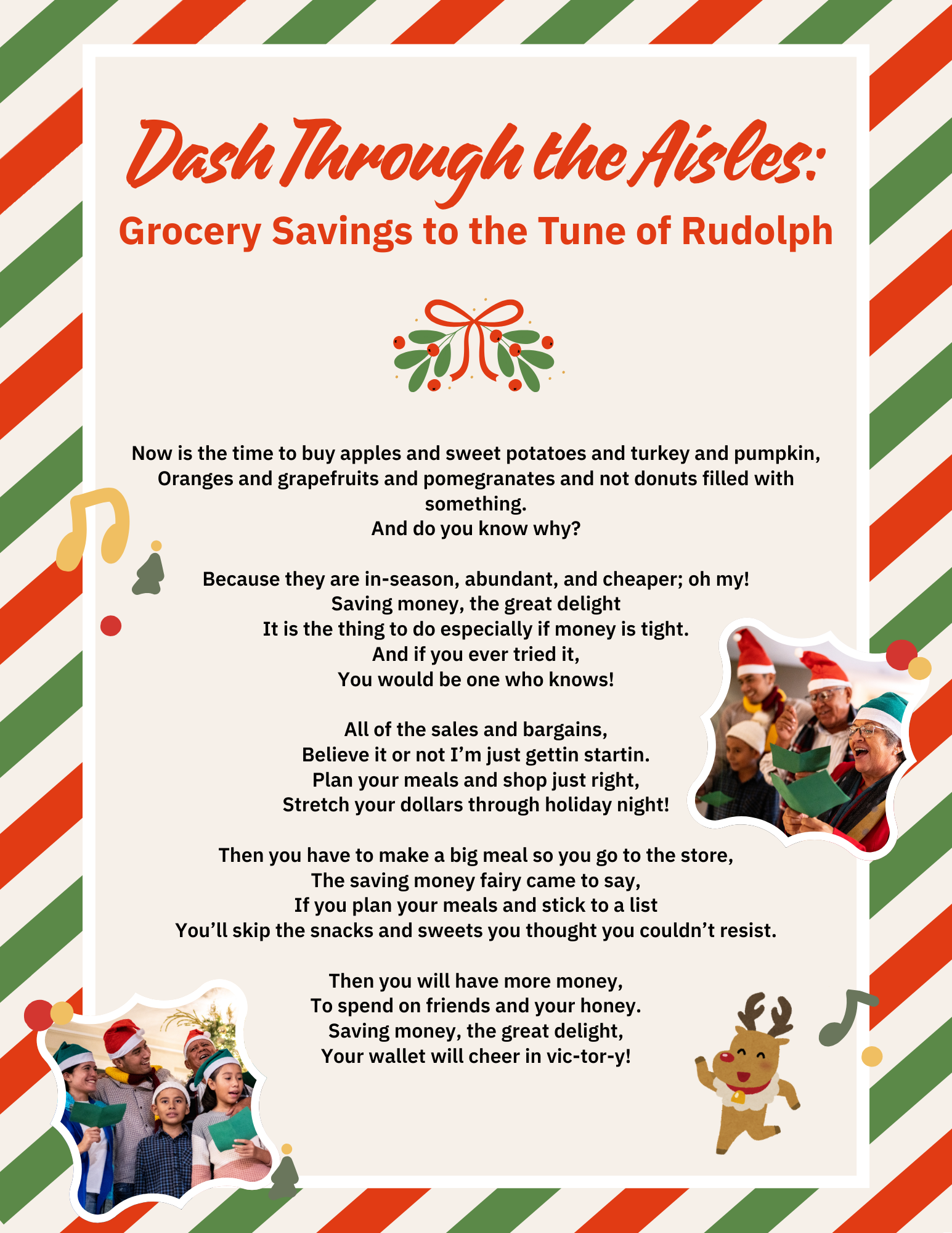 A holiday song, set to the tune of Rudolph the Red-Nosed Reindeer, to make meal planning and smart shopping easier and fun