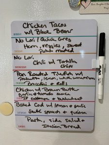 meal plan for the week on the fridge