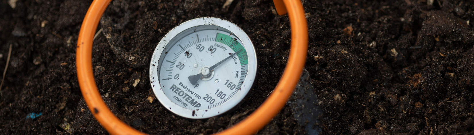 Compost thermometer in a compost pile. Photo taken 03-28-25