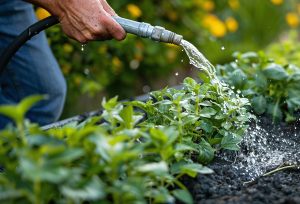 gardener manually watering plants in garden using hose