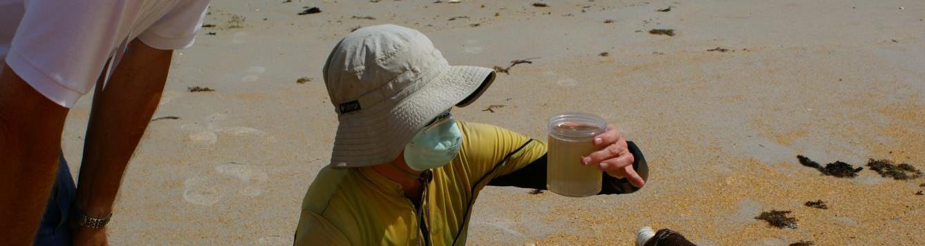 A scientist looking at a clear jar containing reddish-brown water
