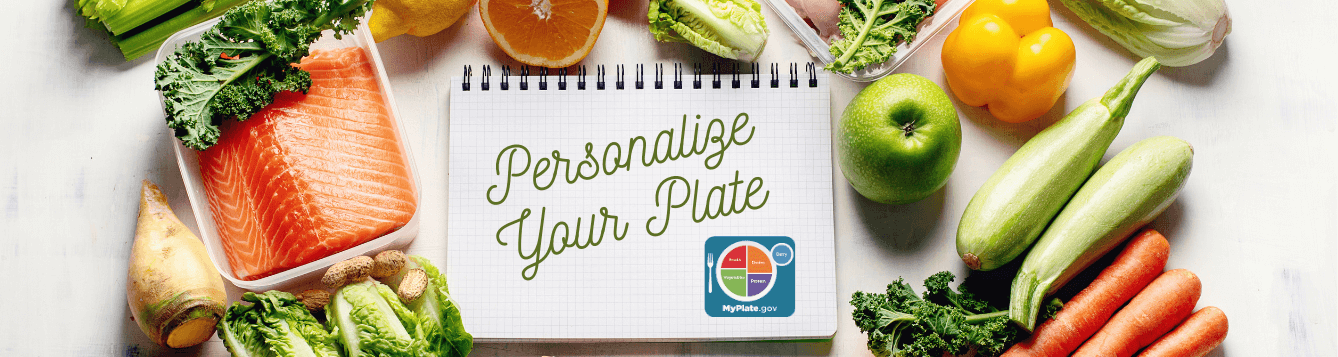 fruit and vegetables with a notepad and myplate logo