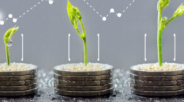 An illustration of three coin piles on a table with plants growing out of the coins.