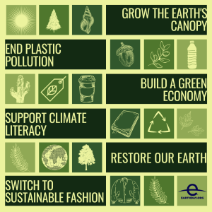 Tips from EarthDay.Org: Grow the Earth's canopy, end plastic pollution, build a green economy, restore our earth, switch to sustainable fashion 