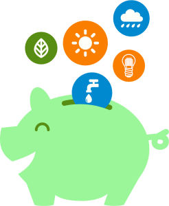 graphic icon showing a piggy bank with "coins" representing energy saving, food saving and more.