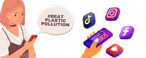 Woman using social media to post the hashtag Beat Plastic Pollution to show support for World Environment Day