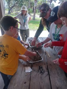 a group of young boys stands around a picnic table placing leaves and matchsticks inside of a foil tin to create a matchstick fire model. An older woman stands watching them at the end of the table.