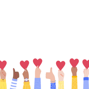 Many colored hands hold red hearts and thumbs up signs in front of a white background.