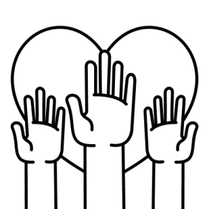 A black and white clean line graphic of outstretched hands in front of a heart.