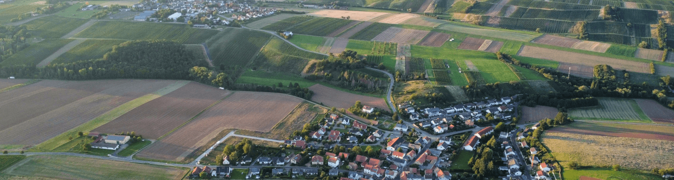 aerial view of rural town with an array of homes surrounded by multiple farms and farmland. [credit: unsplash.com, luca j]