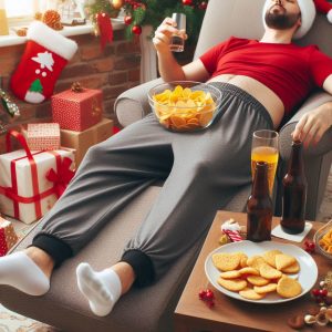 ai-generated image of a man reclining in a chair eating snacks while wearing stretchy pants. [credit: bing create, dalle]