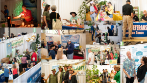 Scenes from the 2023 Green Living Expo. Collage of exhibitors, attendees, demos, floorplan, and products.