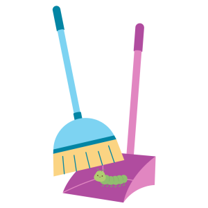 Caterpillar being relocated using a broom and dustpan