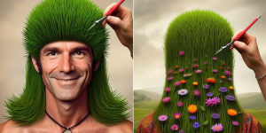 DALL·E 3 AI image of a man with a mullet. Groomed turf in the front, wildflowers in the back. 