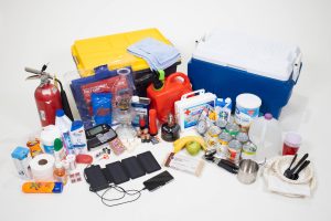 display of contents included in a hurricane/disaster readiness kit, including food, flashlight, batteries, kerosene lamp and fuel, medical items, and more. [credit: uf/ifas, tyler jones]