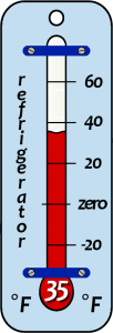 illustration of a bulb thermometer showing an internal refrigerator temperature of approximately 35 degrees fahrenheit