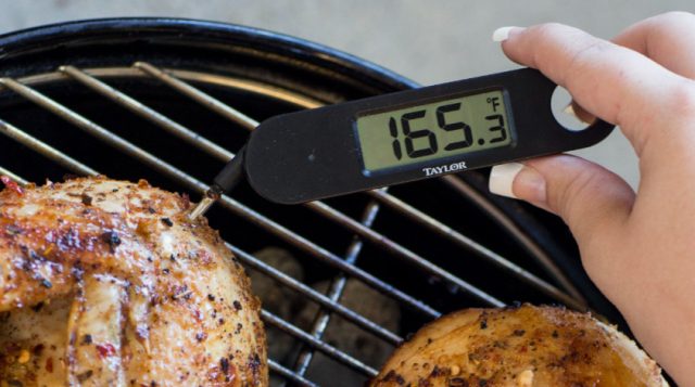 a digital meat thermometer reads 165.3 degrees fahrenheit while checking chicken on a barbecue grill. [credit: uf/ifas, tyle jones; edit: uf/ifas extension sarasota county]