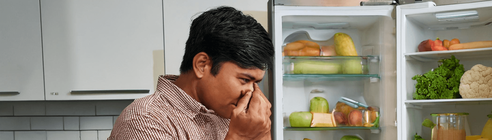 in a computer-generated image, a man holds his nose while standing in fron of an opened refrigerator. [credit: adobe firefly]
