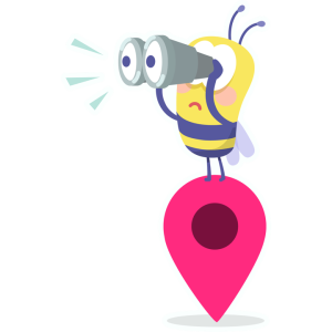 Cartoon bee with binoculars looking out while resting on top of geomarker