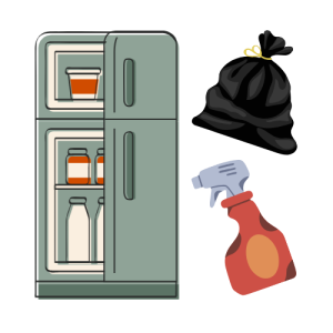 Graphic of fridge, closed trash bag, and cleaner