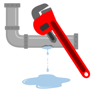 Wrench and leaking pipe with pool of water on ground