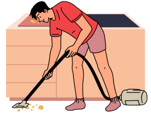 Cartoon man cleaning crumbs with vacuum off of floor